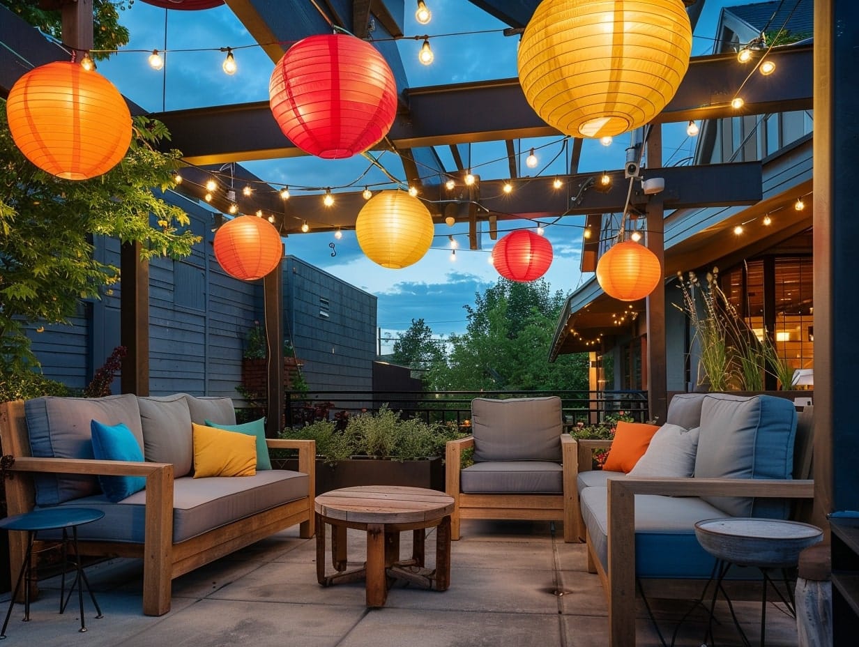 A combination of multicolor paper lanterns and festoon lights illuminating a patio