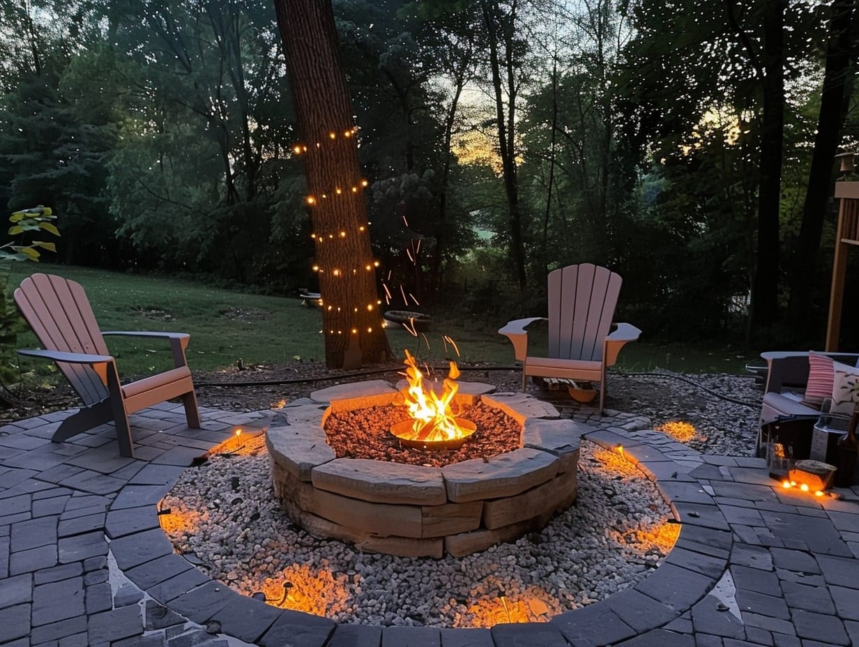 In-ground light integrated into the floor surrounding a patio's fire pit