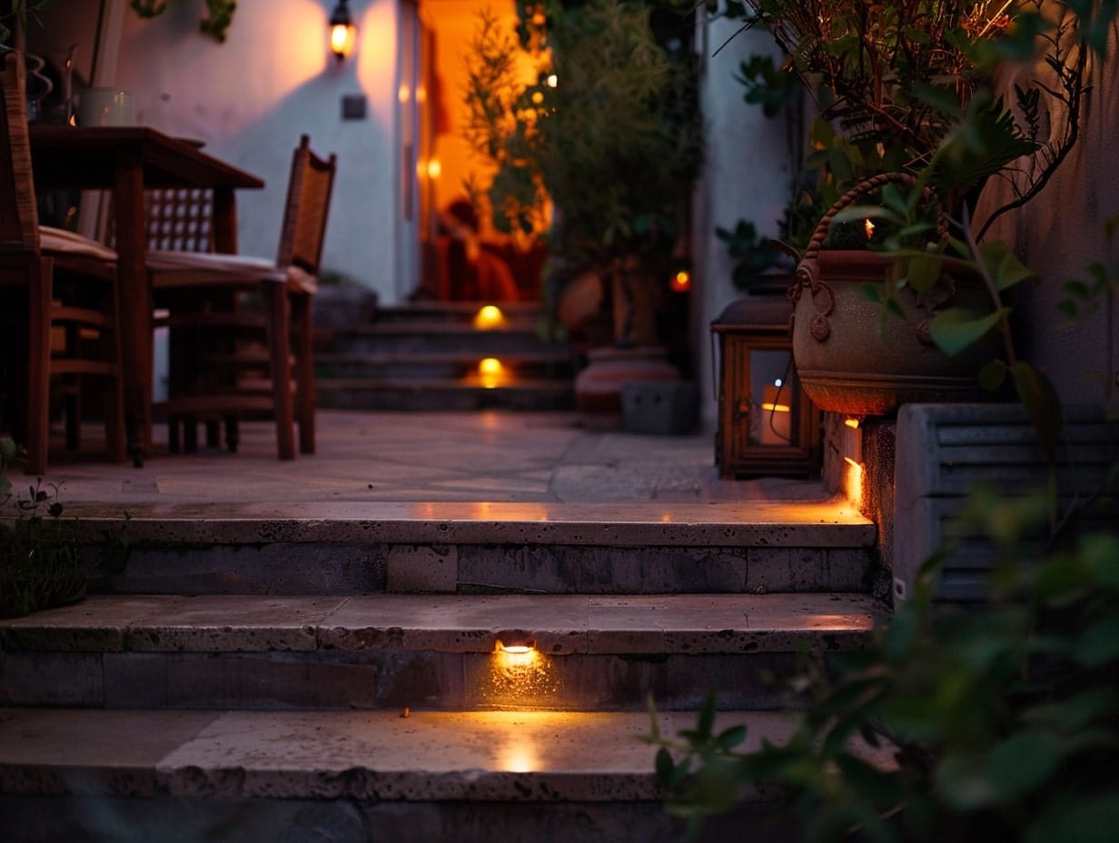 In-ground step lights illuminating a patio staircase