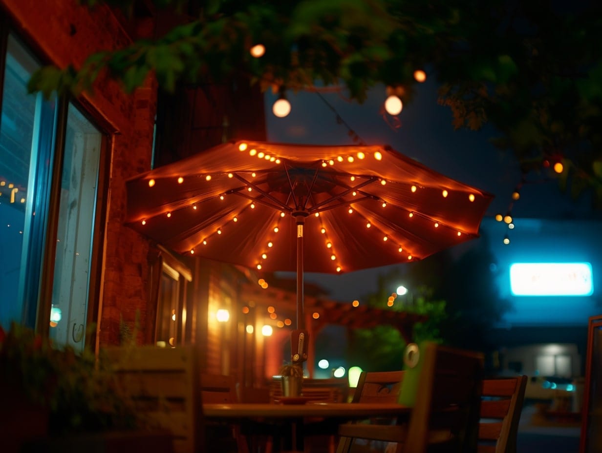 String lights attached to the underside of a patio umbrella