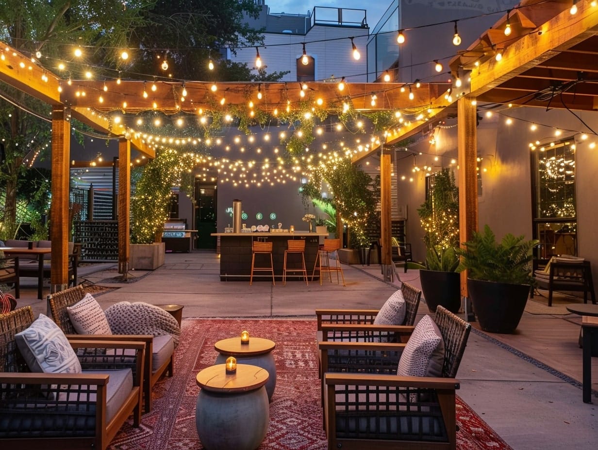 A canopy of multiple string lights covered an outdoor patio