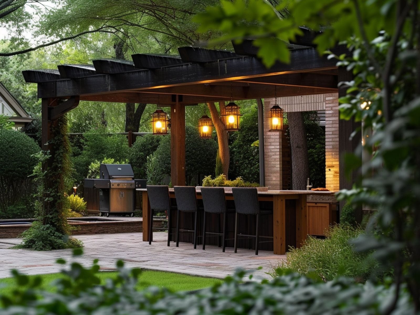 backyard garden pergola with pendant lights