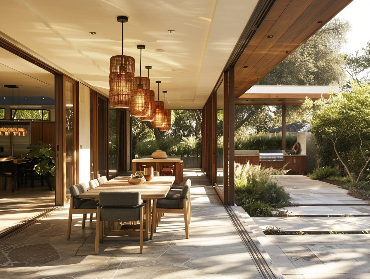 A cluster of pendant lights hanging above a patio dining area 