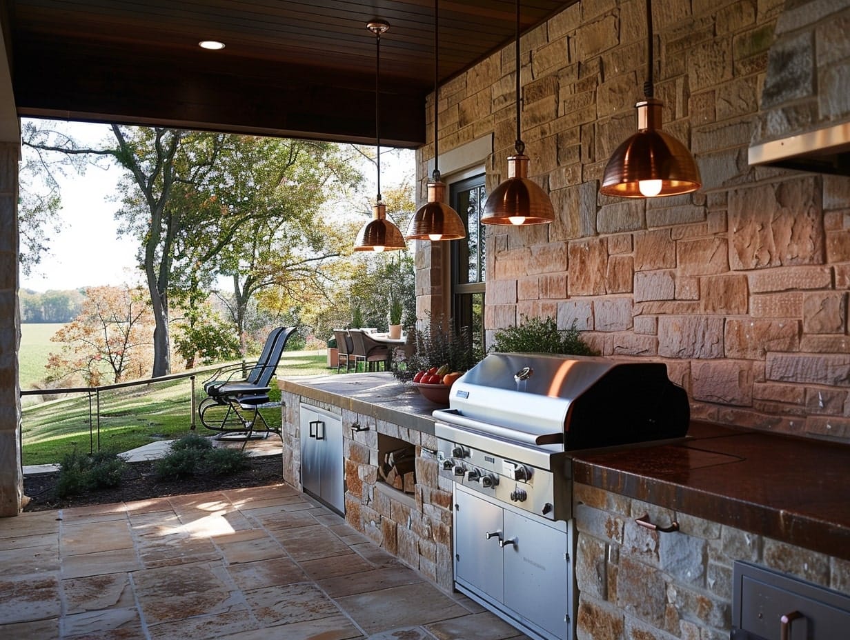 Pendant lights hanging above a patio grilling area