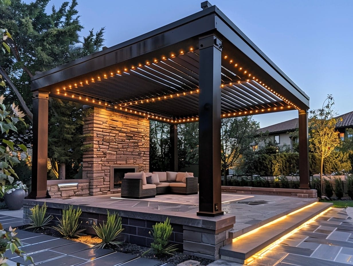 String lights weaved through the beams of a pergola 
