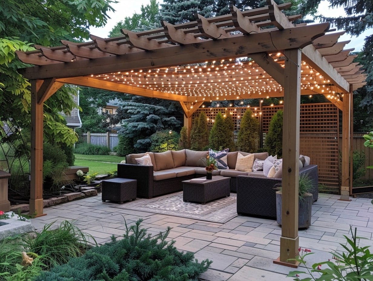 A net of warm white string lights draped of a pergola roof