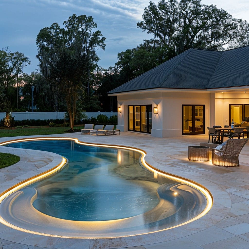 A patio-side pool highlighted with rope lights