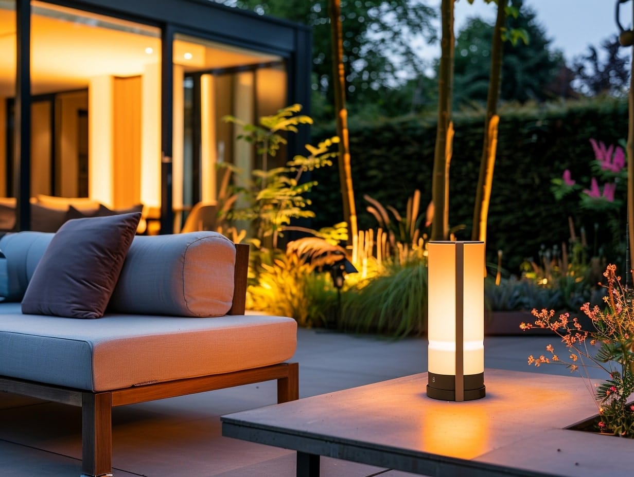 A portable outdoor lamp illuminating a patio's corner
