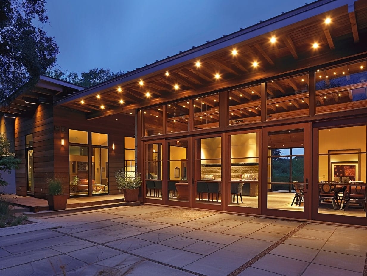 Recessed LED lights installed under the rood eaves of a covered patio