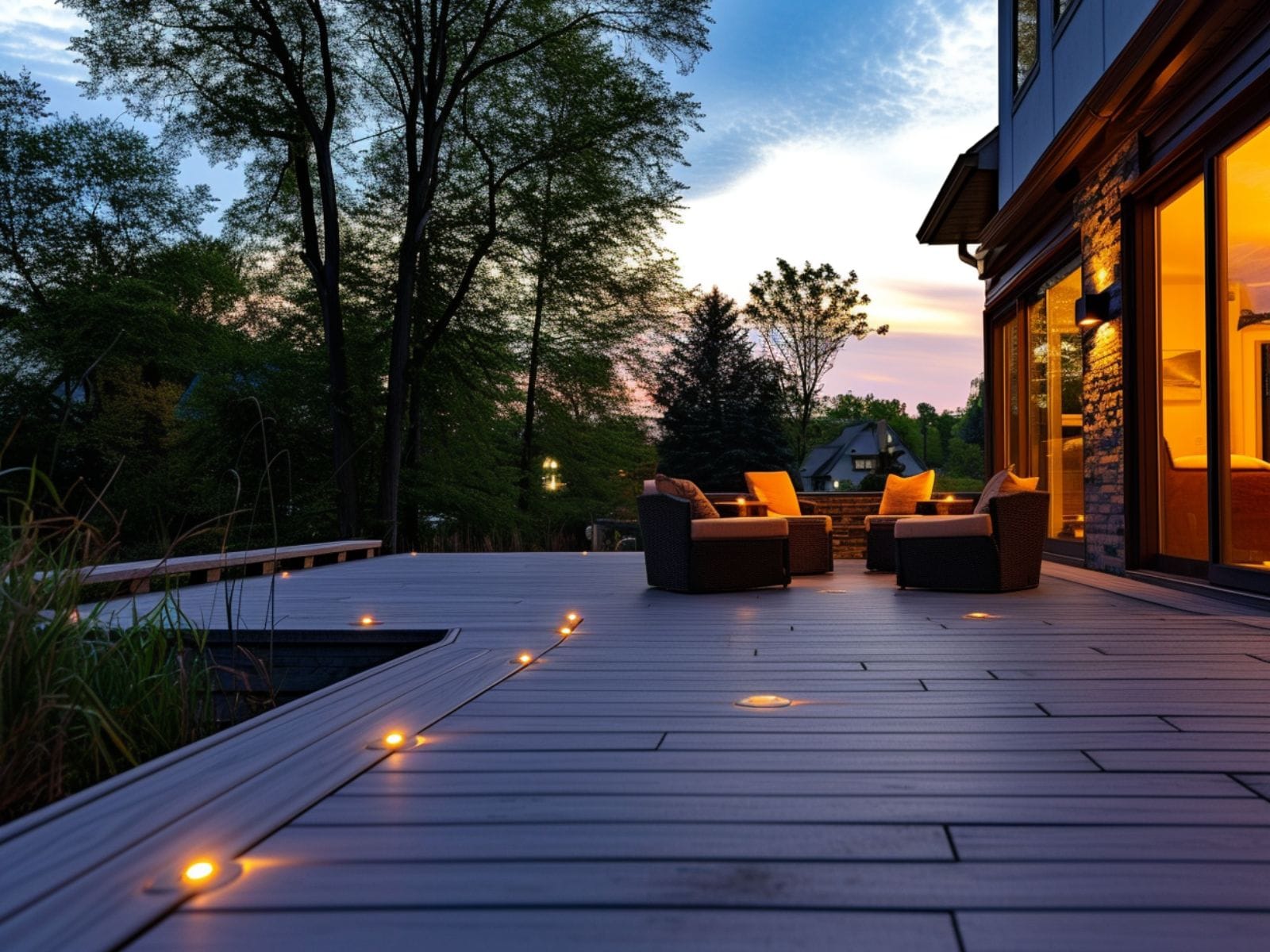 a backyard deck with recessed lights
