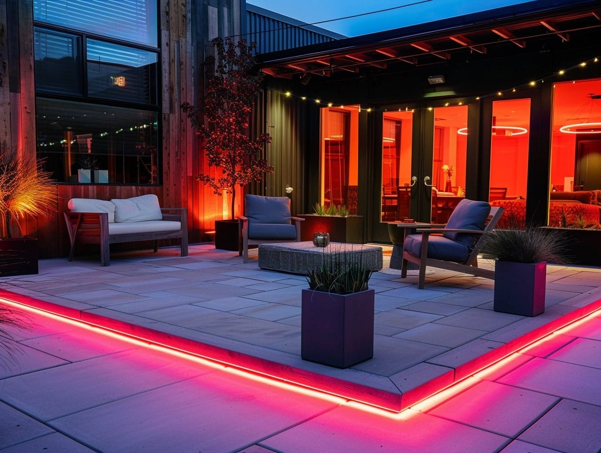 Rope lights illuminating a patio's boundary