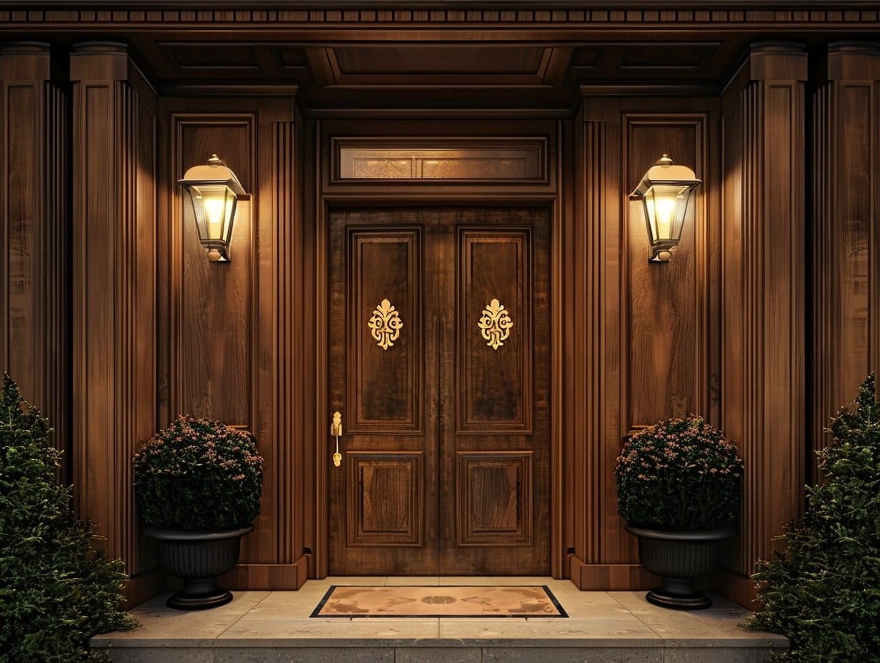 Modern wall sconces decorating front entrance walls of a house