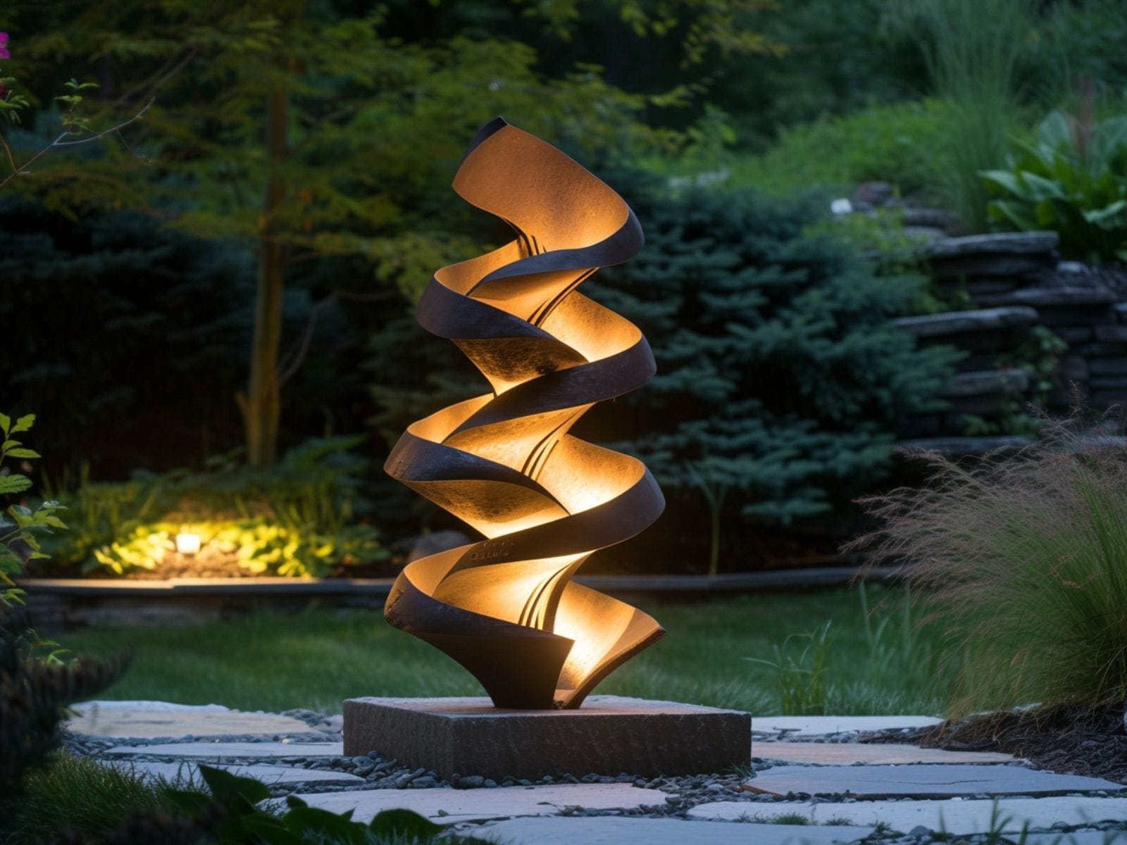 a sculpture with uplights in the backyard garden