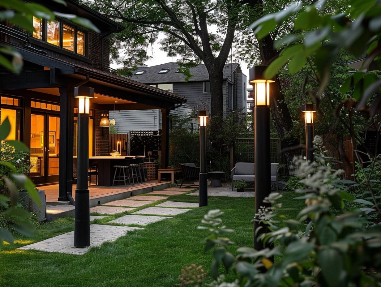 Multiple solar lamp posts installed around a patio area 