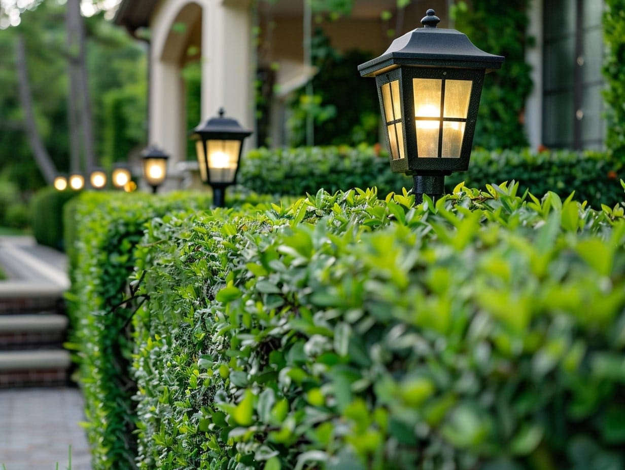 Solar garden lanterns installed between hedges in the front yard