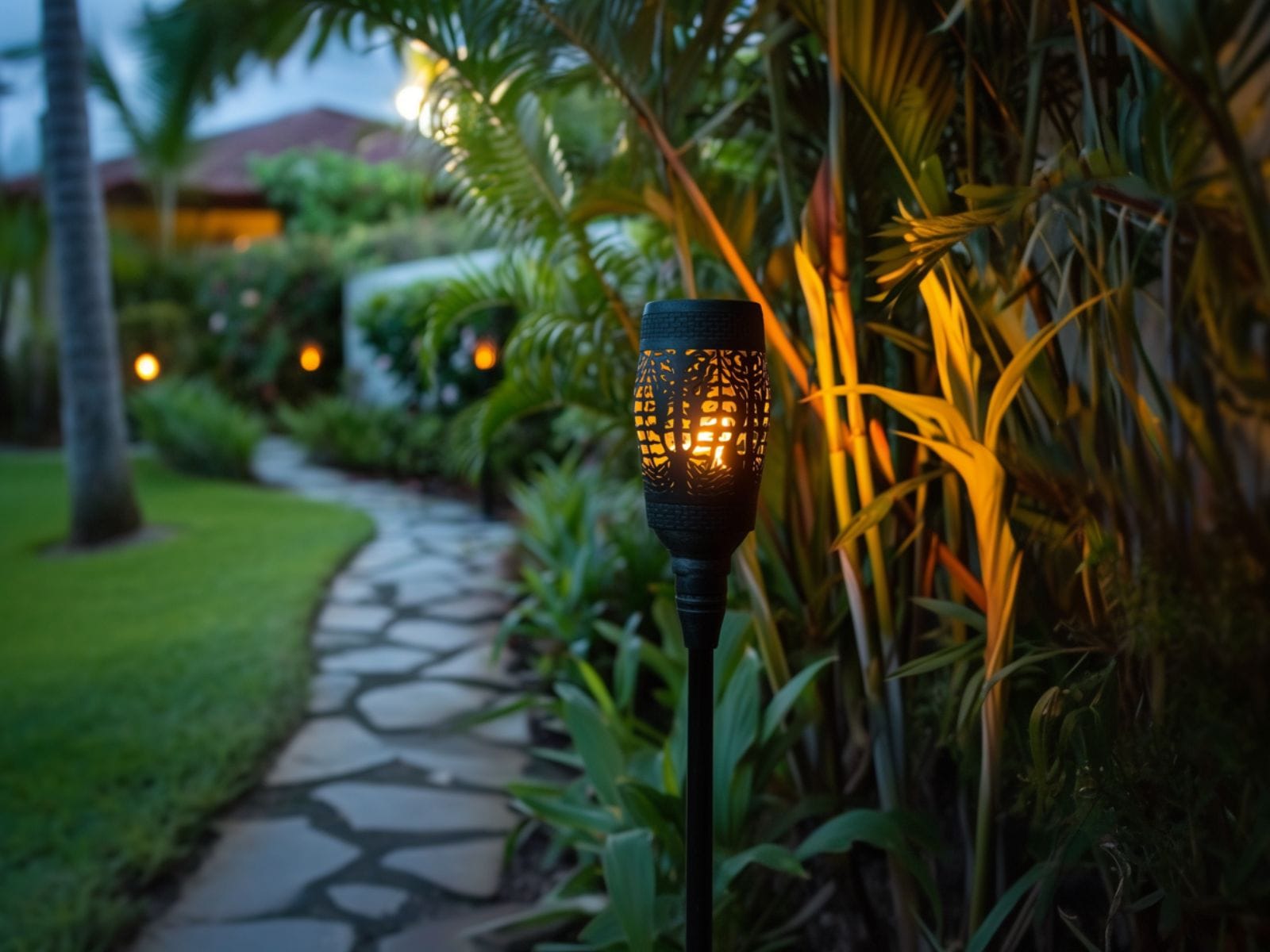 solar tiki torches along a backyard pathway