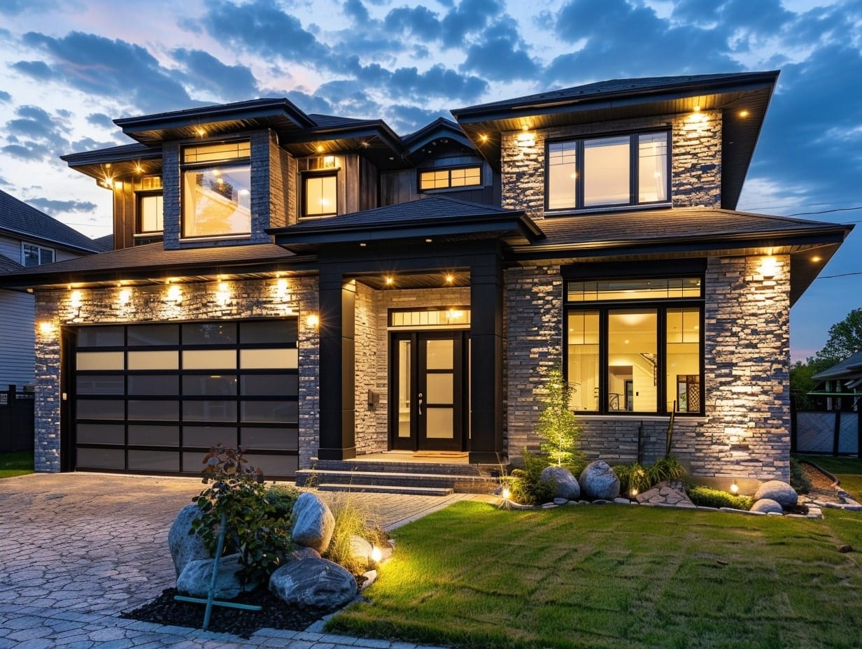 LED spotlights highlighting architectural details of a house's facade