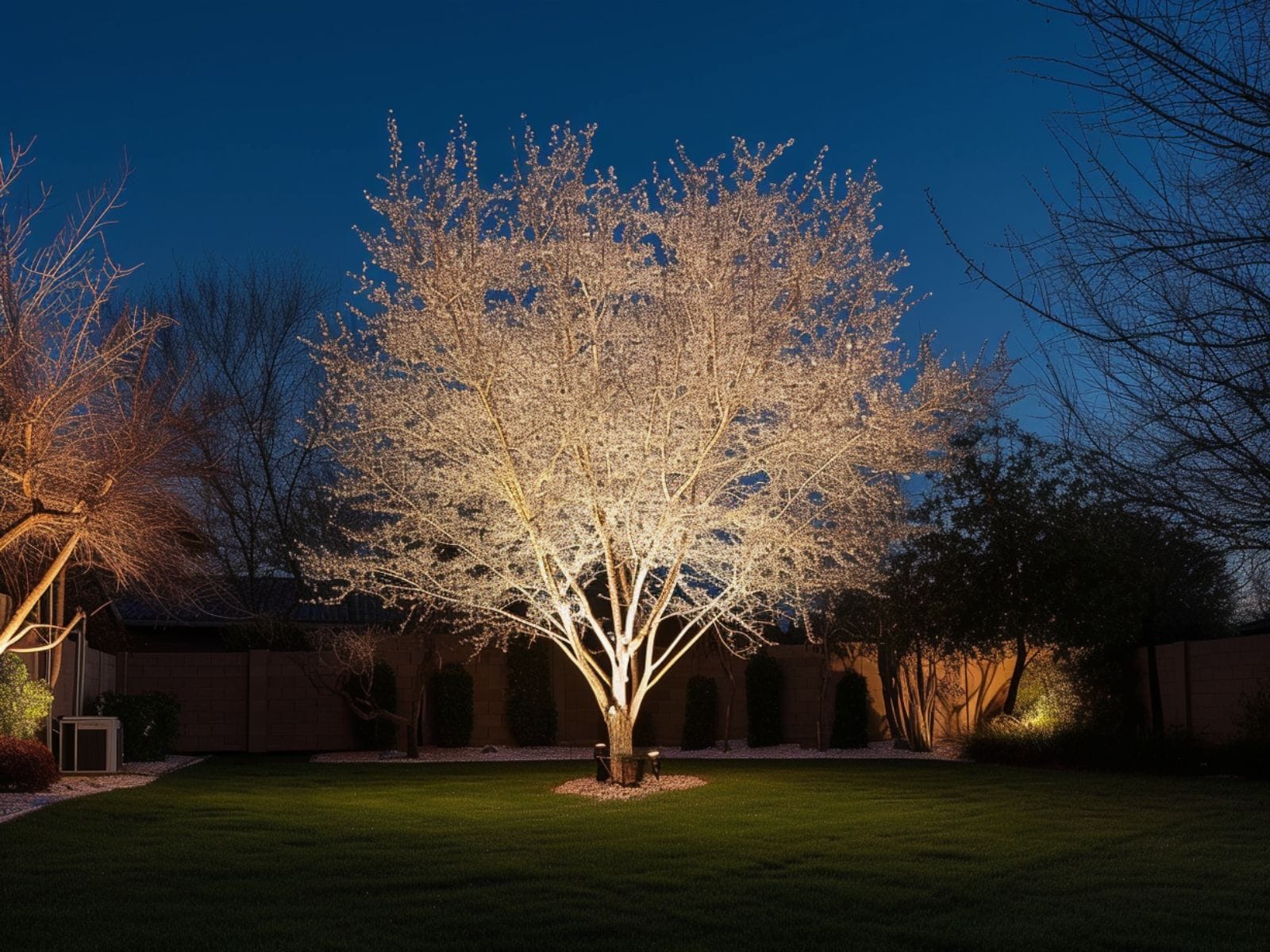garden tree illuminated with uplights