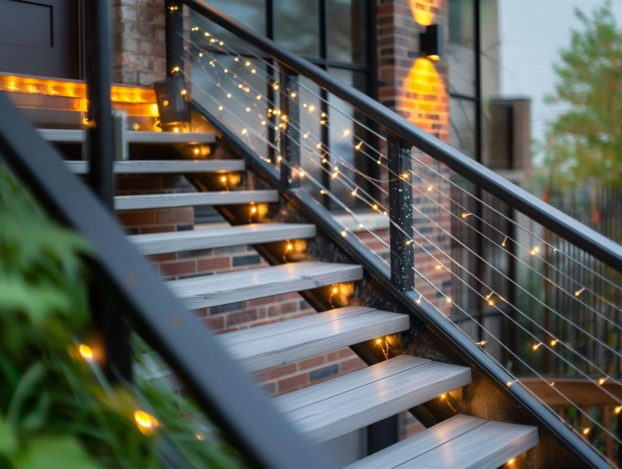 String lights installed along a patio staircase