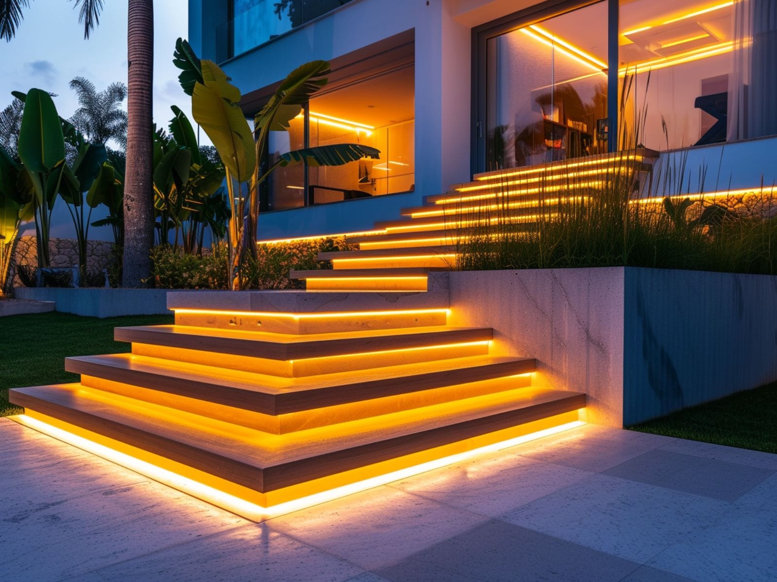 backyard stairs with LED strip lights