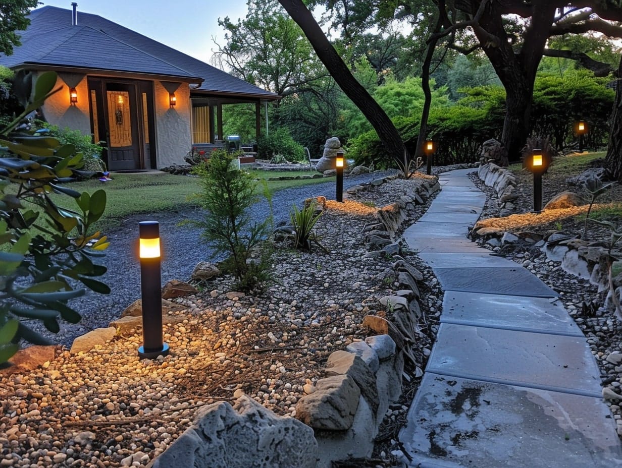 Stake lights illuminating a front yard pathway