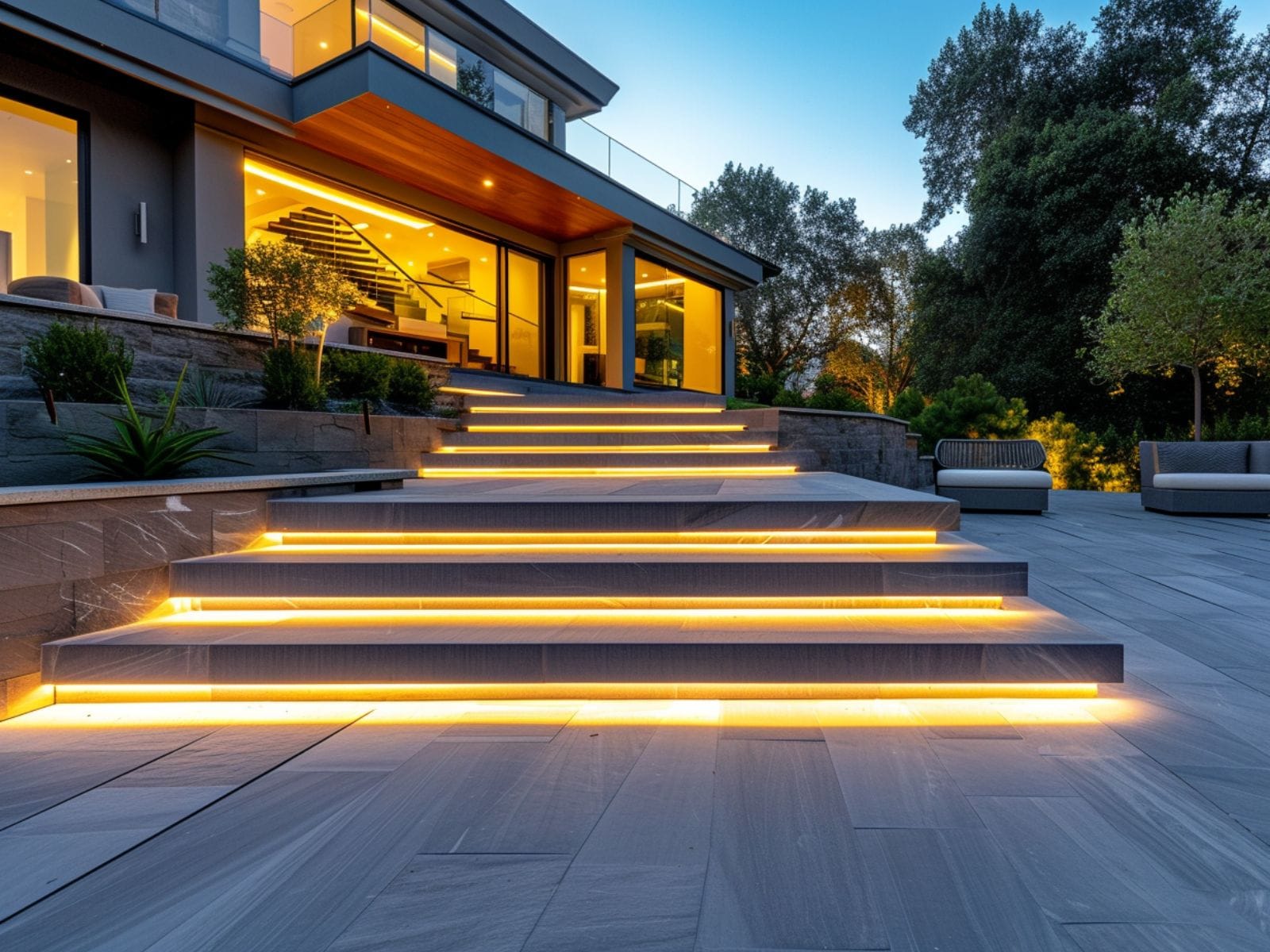 LED strip step lights in a backyard