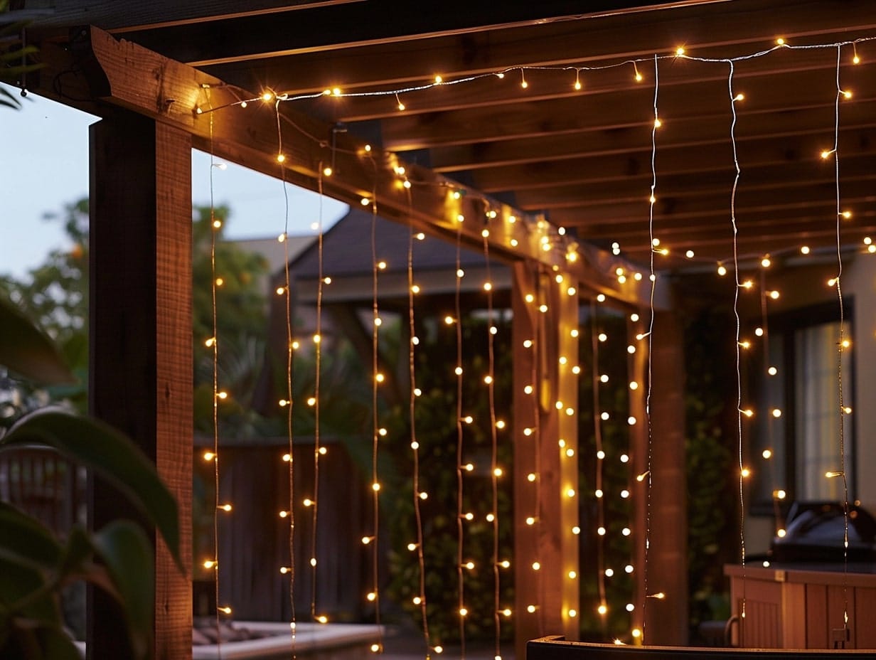 Curtain string lights suspended from a covered patio roof