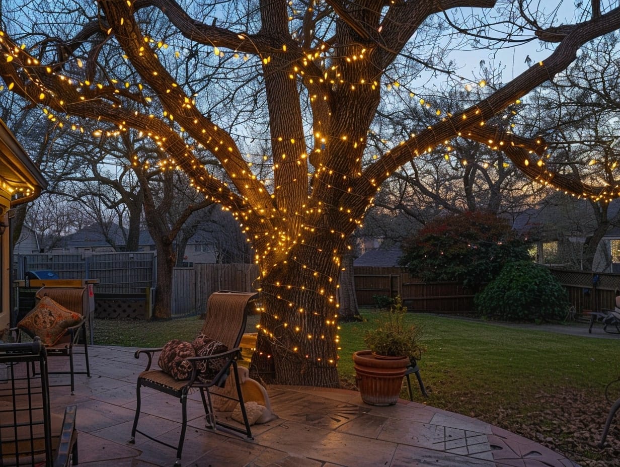 A patio tree decorated with string lights