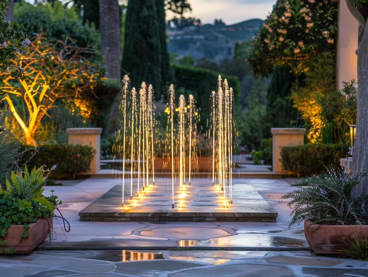 Underwater LED lights illuminating a patio fountain