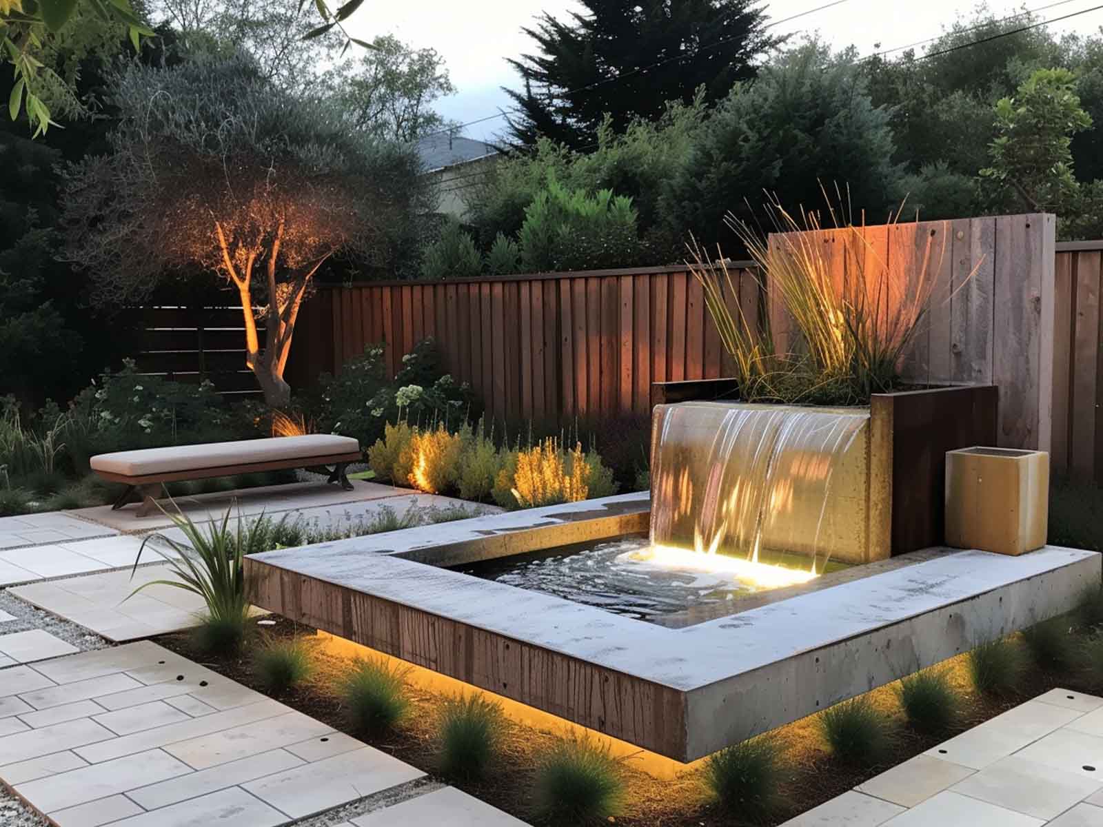 Submersible lights illuminating a fountain in the garden