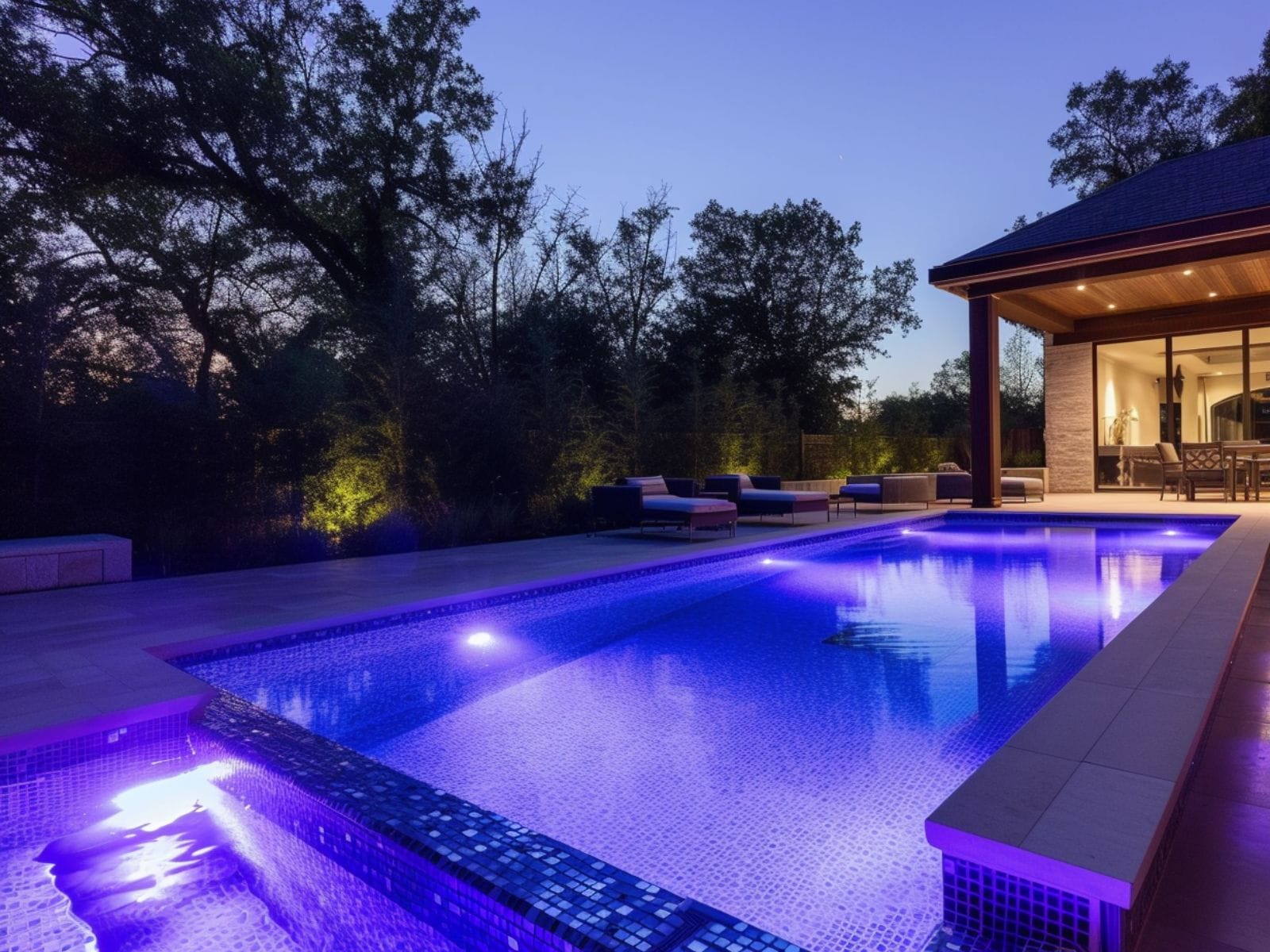 a backyard pool with underwater pool lights