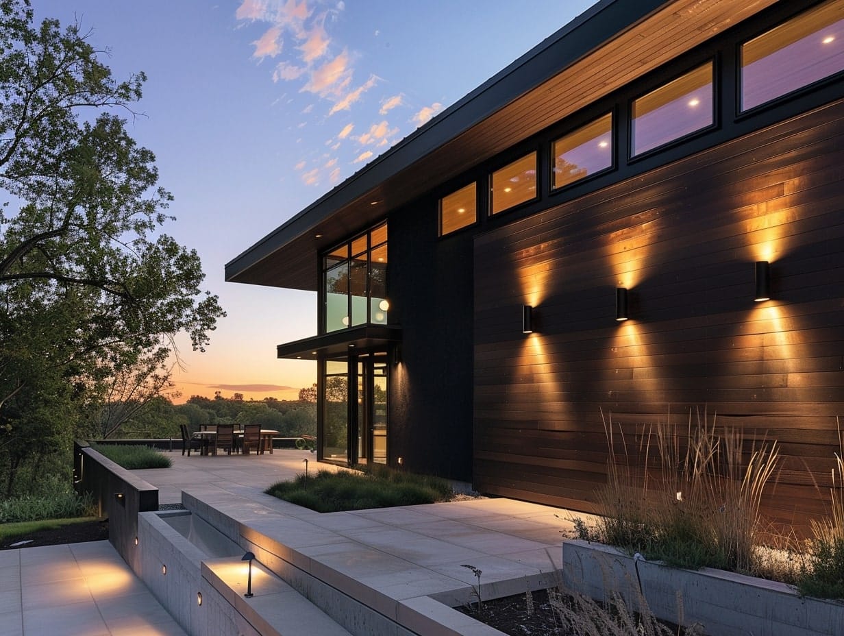 Multiple up and down lights on a house's facade wall