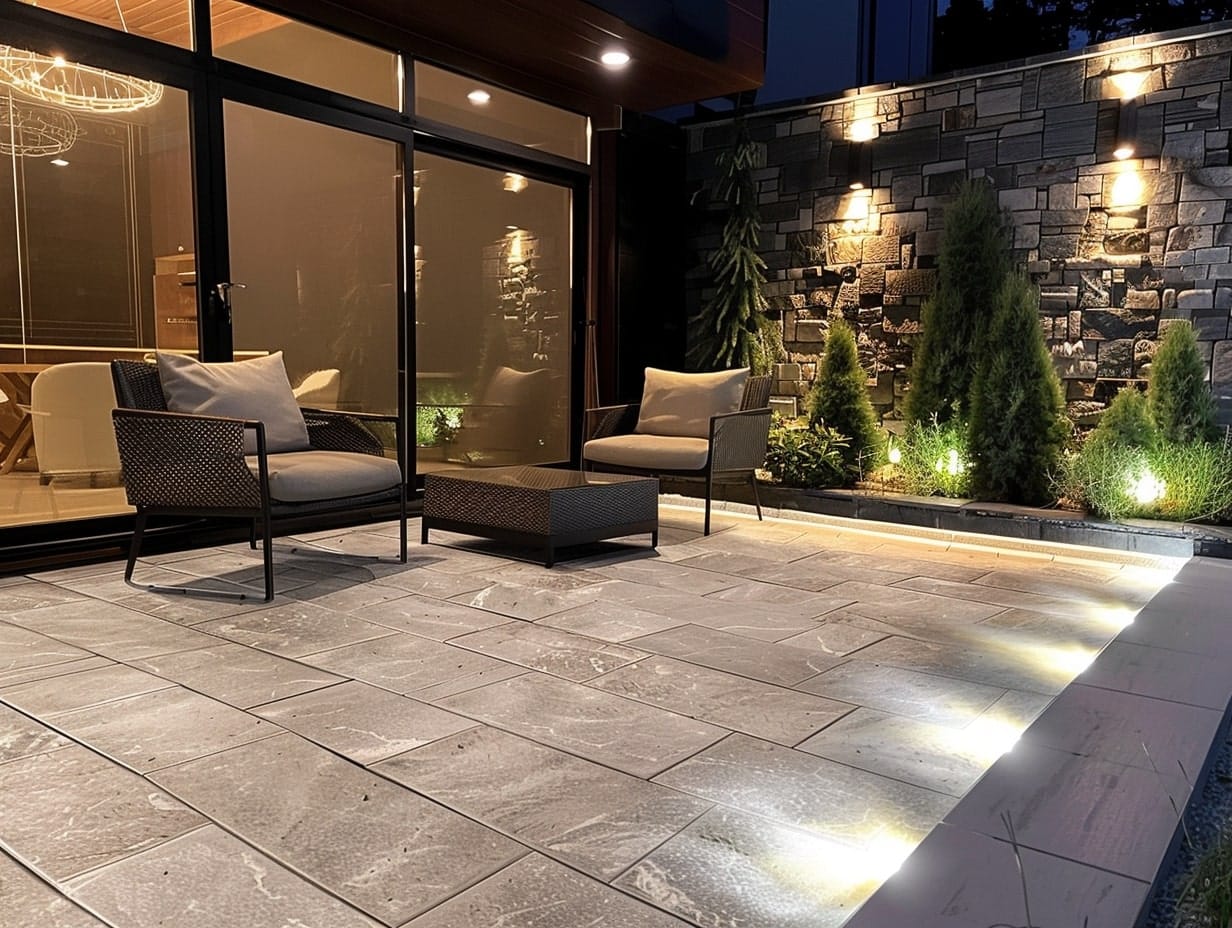 Well lights integrated into a patio boundary for illumination purpose