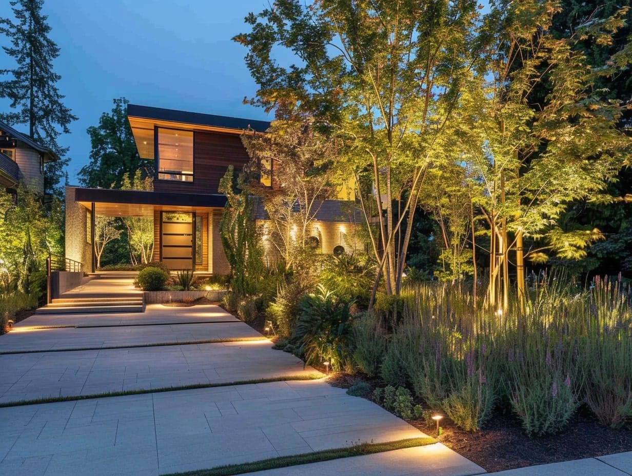 Well lights highlighting shrubs and trees in a house's front yard