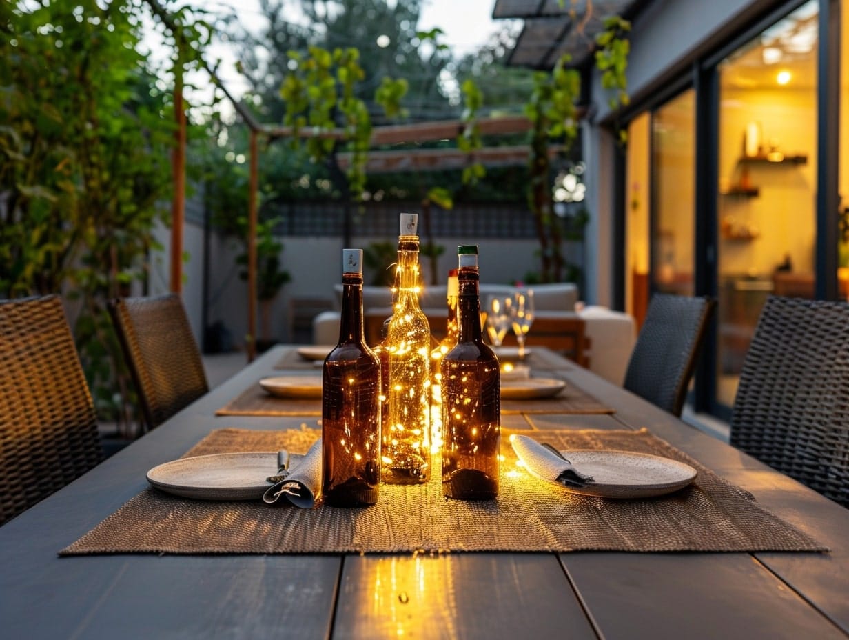Battery-operated wine bottle lights decorating a patio table top