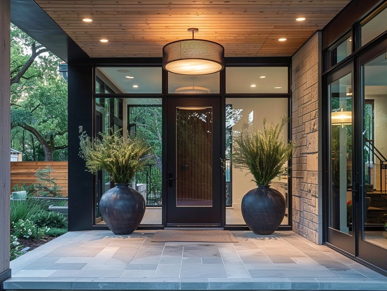 A large single pendant lamp hanging from a porch ceiling
