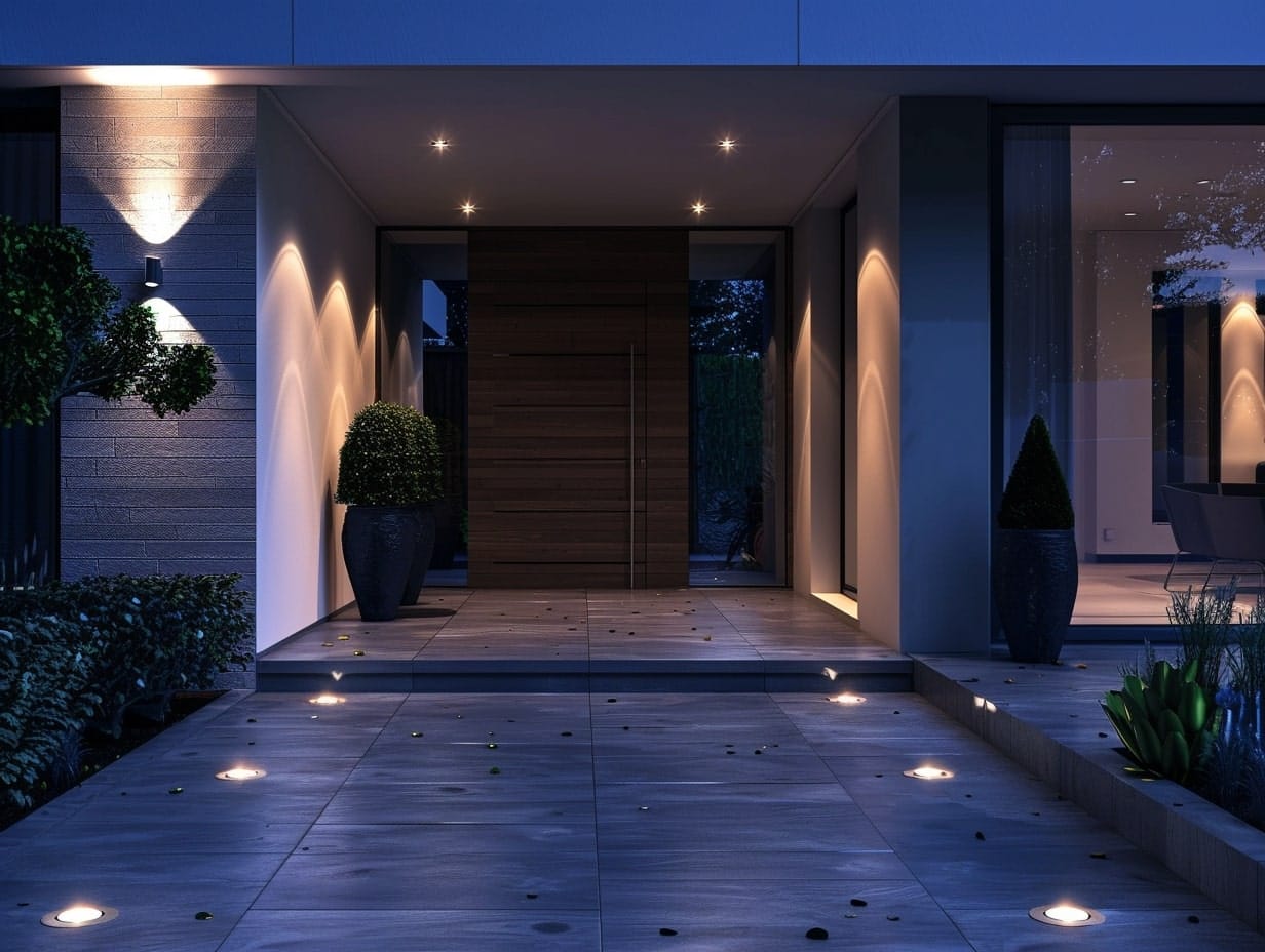 Motion sensor lights illuminating a porch area