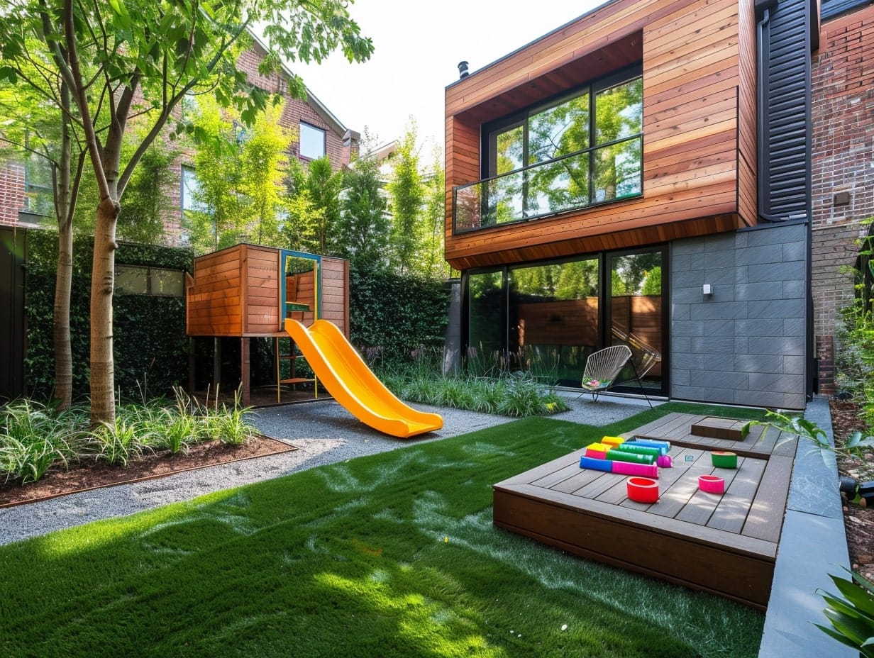 A garden with play area and toys for children