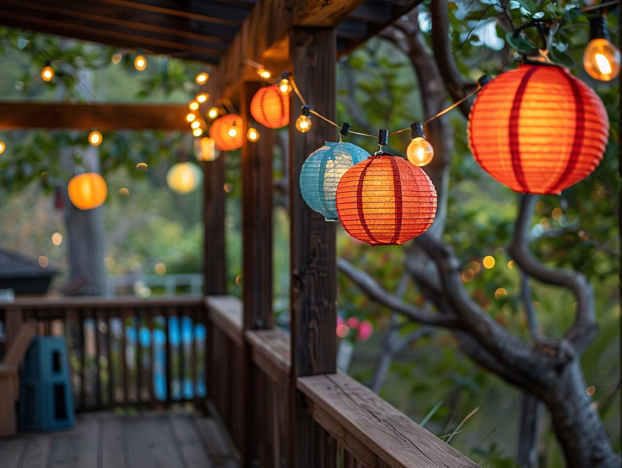 Multicolor boho string lights installed above a deck