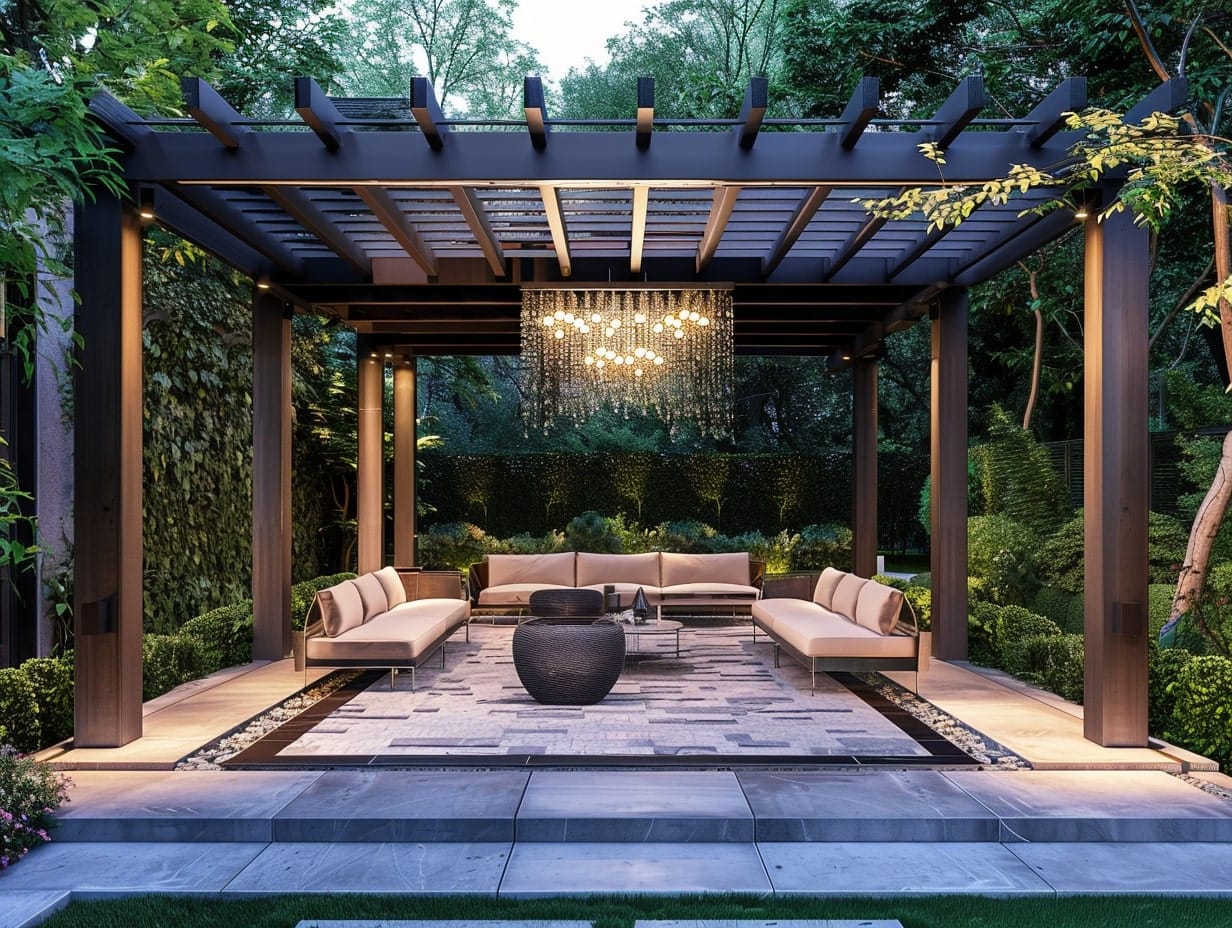 A giant crystal chandelier hanging from a pergola roof