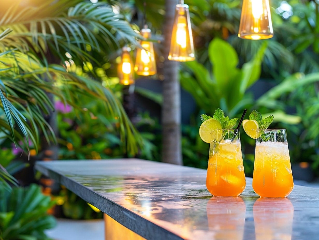 Two glasses of cocktails on a garden table