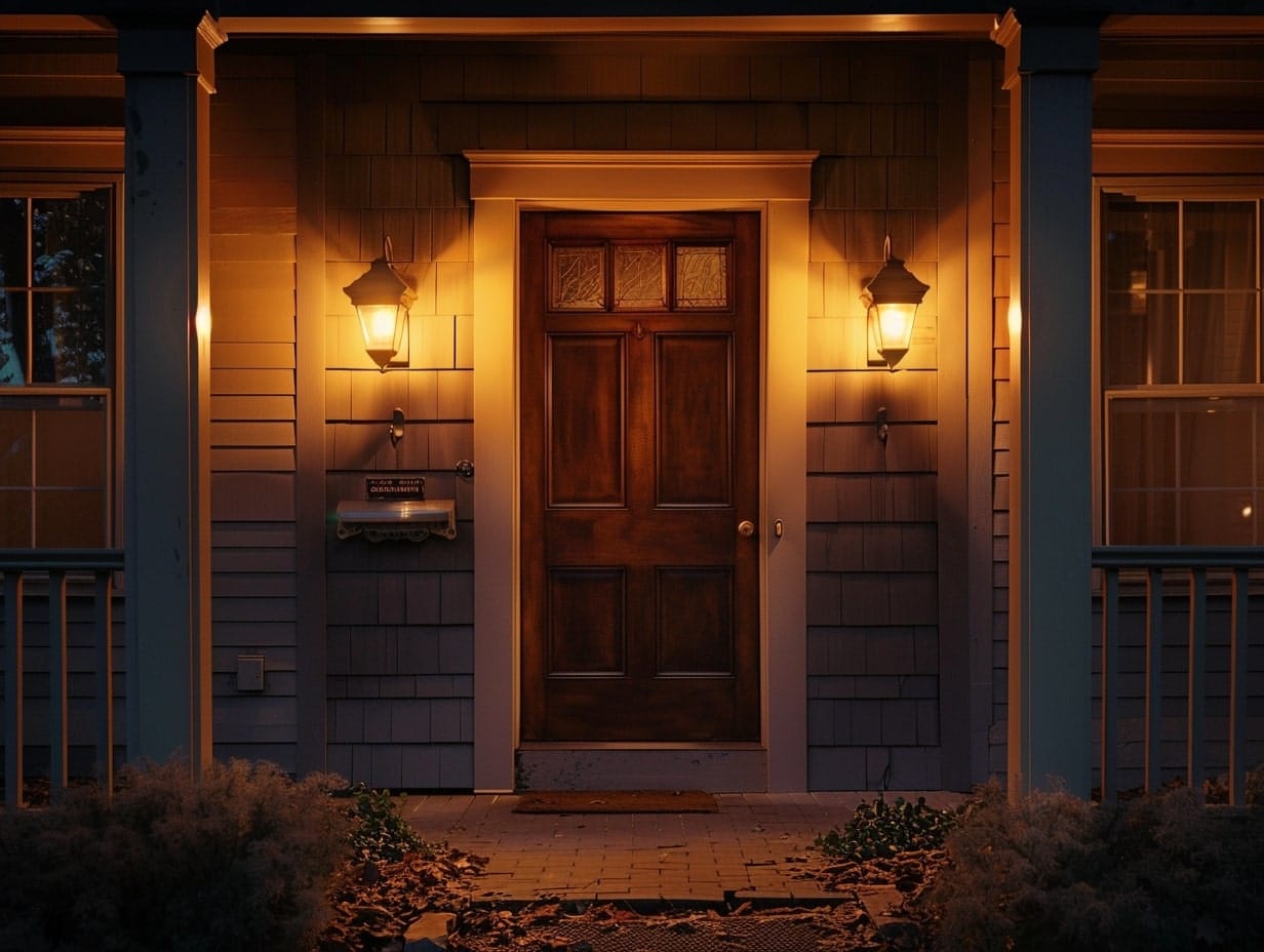 Copper wall sconces mounted on porch walls