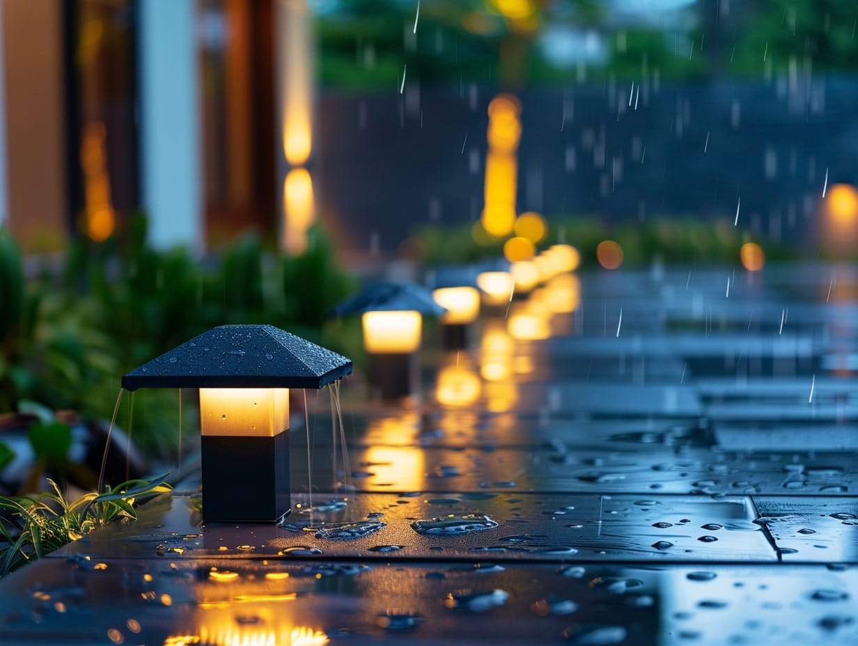 Bollard lights installed on the pathway getting wet on a rainy day