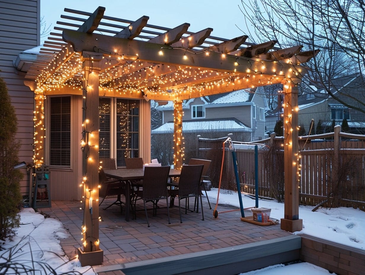 Fairy lights woven through a pergola's lattice work and posts