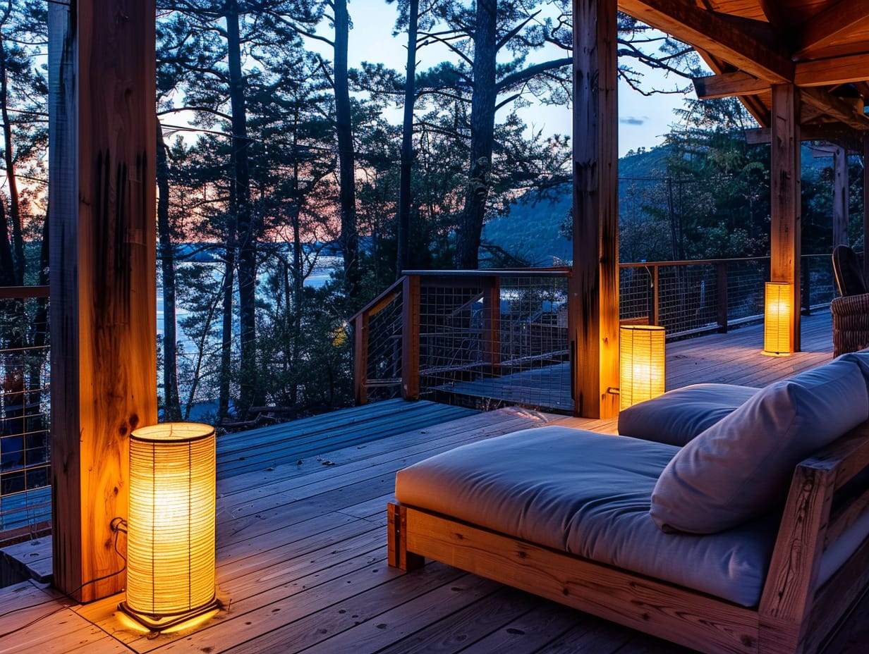 Floor lamps placed on a deck floor