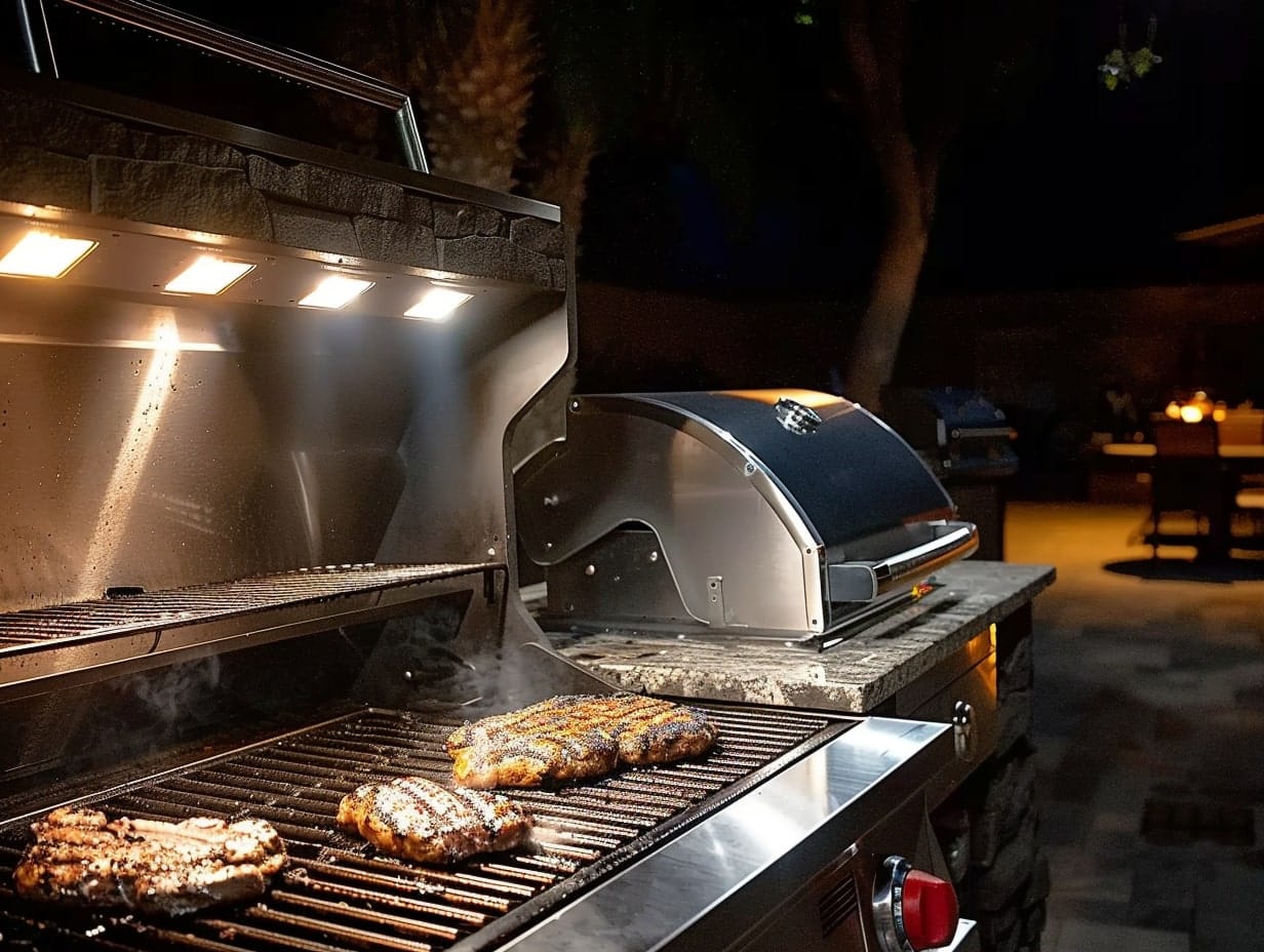 Grill lights embedded in an outdoor kitchen's cooking area
