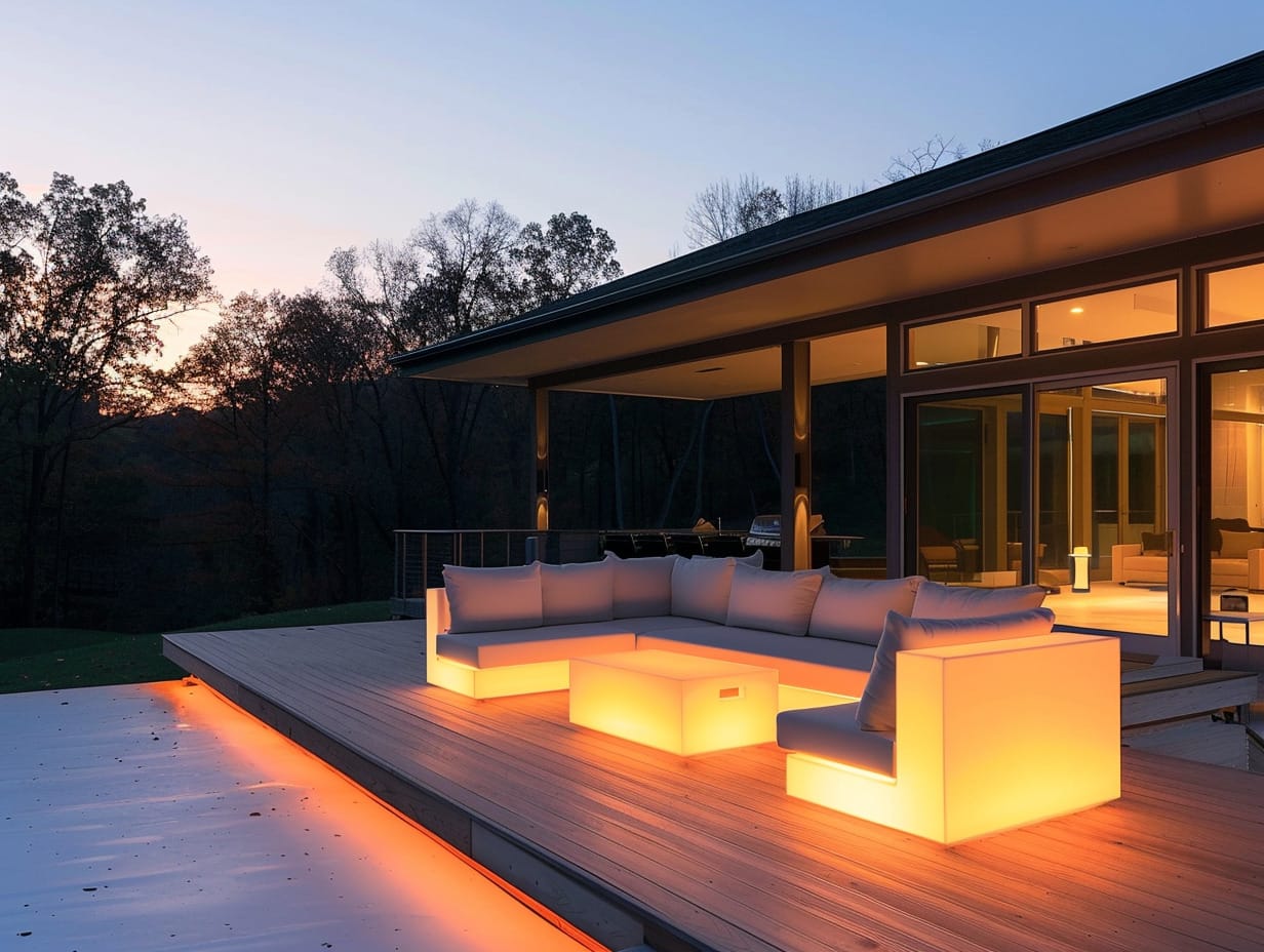 An illuminated sofa and coffee table set installed on a deck