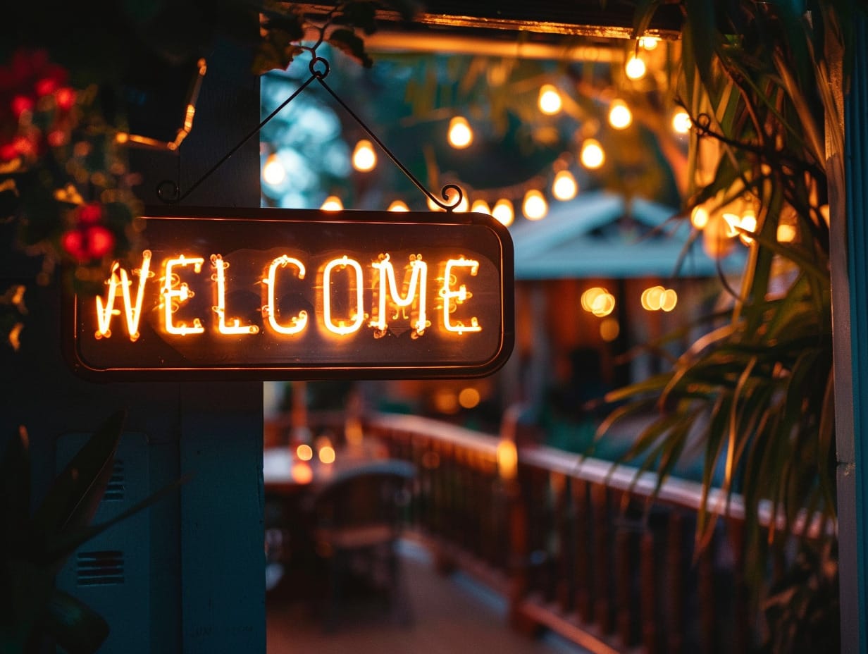 A welcome sign installed at a deck entrance