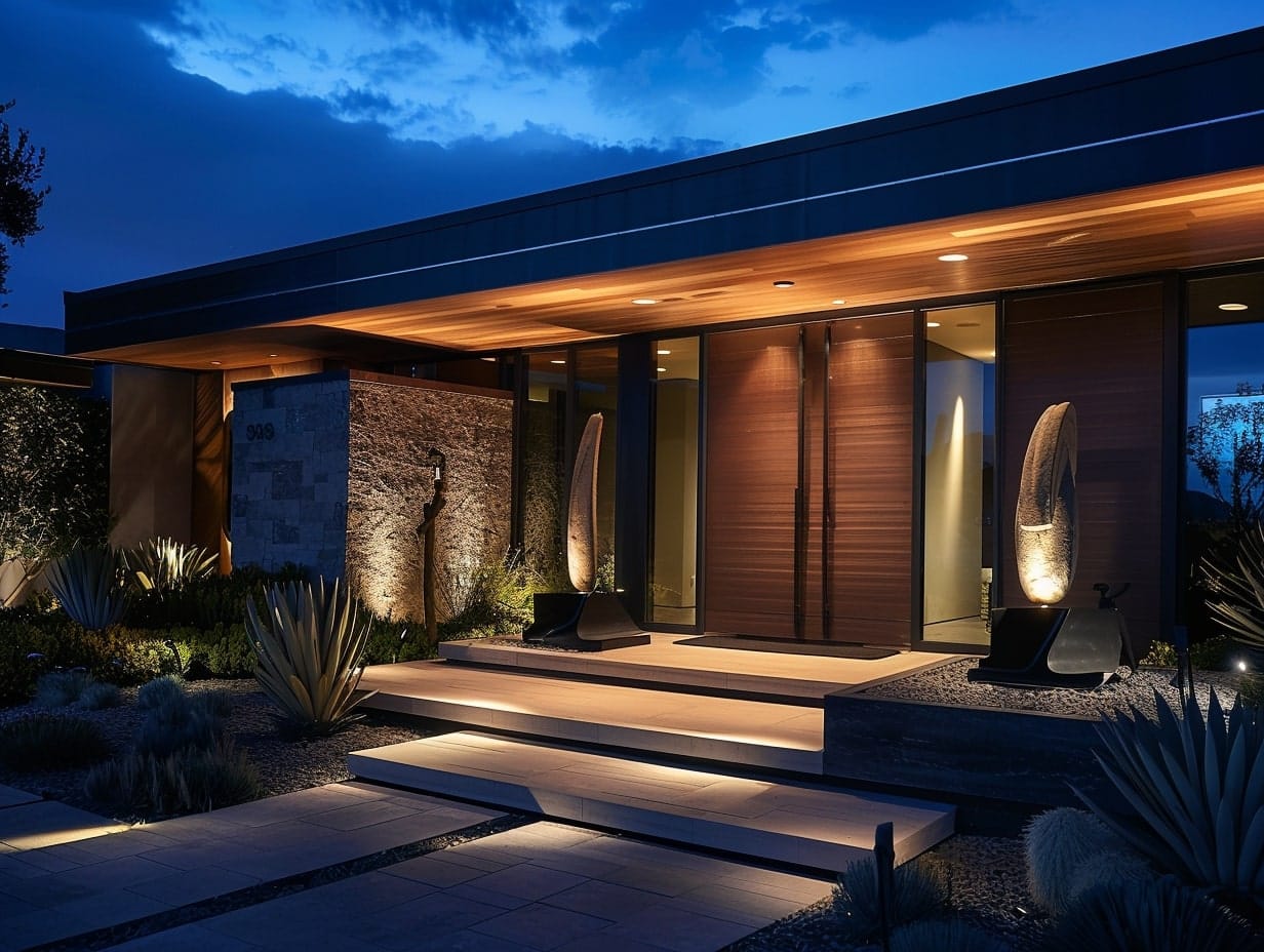 LED spotlights highlighting sculptures in the porch area