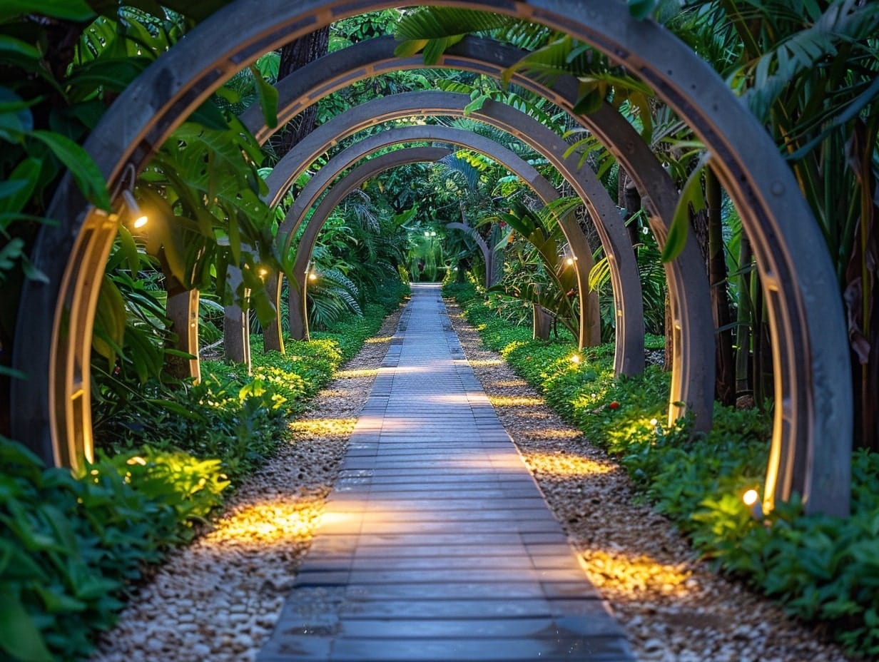 LED spotlights installed on a garden archway